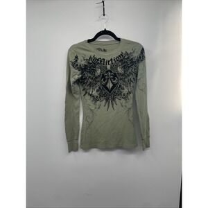 Affliction Clothing Thermal T-Shirt Womens M Dark Green Graphic Print Grunge NWT